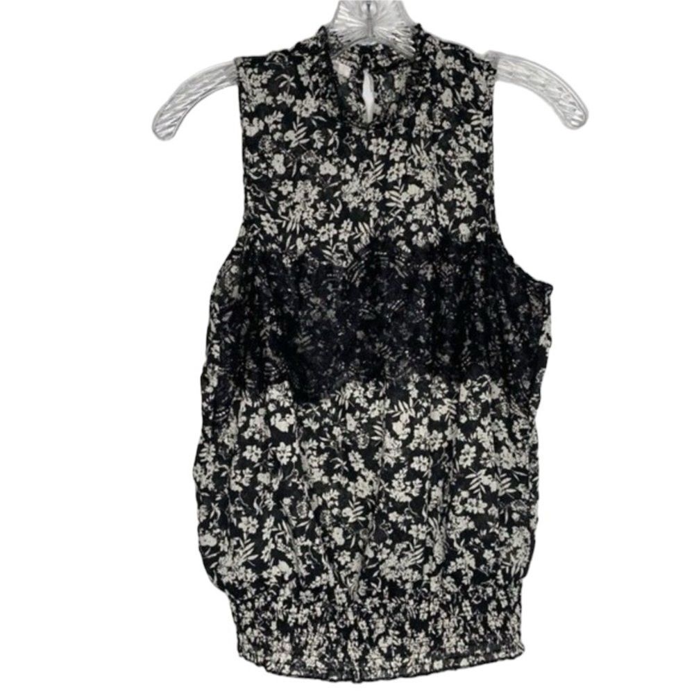 Maurices Top Womens M Black White Floral Sleeveless Lace Smocked Sheer Blouse